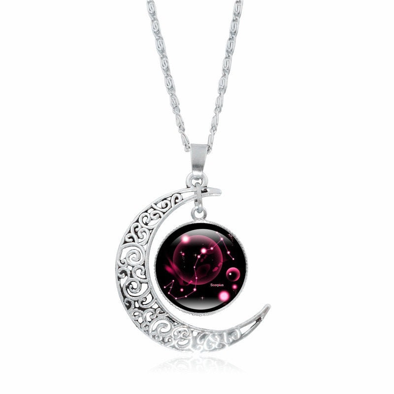 Zodiac Time Gem Luminous Necklace for Women, Simple Silver Moon Pendant Choker