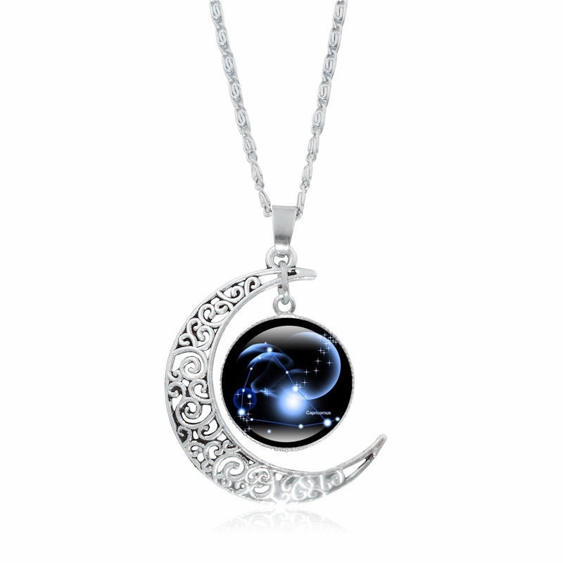 Zodiac Time Gem Luminous Necklace for Women, Simple Silver Moon Pendant Choker