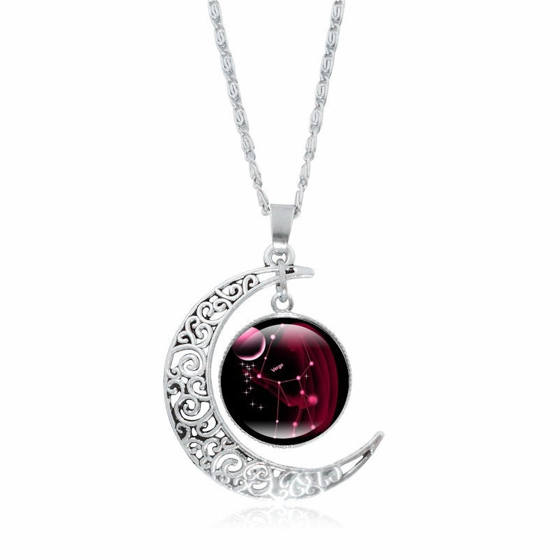 Copy of Zodiac Time Gem Luminous Necklace for Women, Simple Silver Moon Pendant Choker