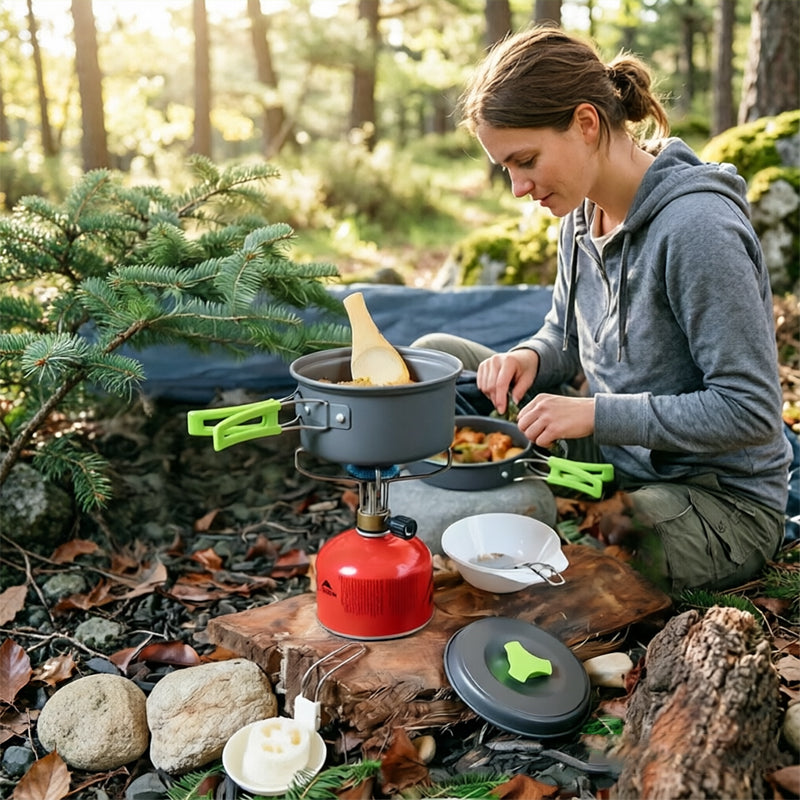 Backpacking Camping Cookware Set, Portable Outdoor Cooking Kit with Tableware, Durable & Lightweight, Foldable Storage Bag