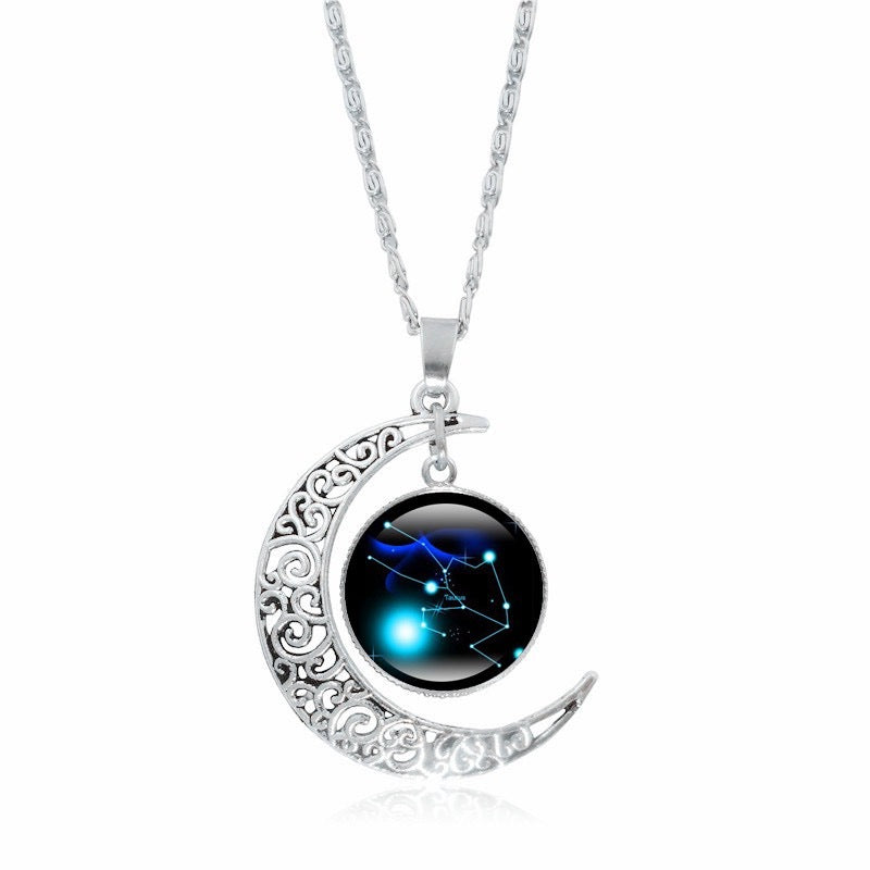 Copy of Zodiac Time Gem Luminous Necklace for Women, Simple Silver Moon Pendant Choker