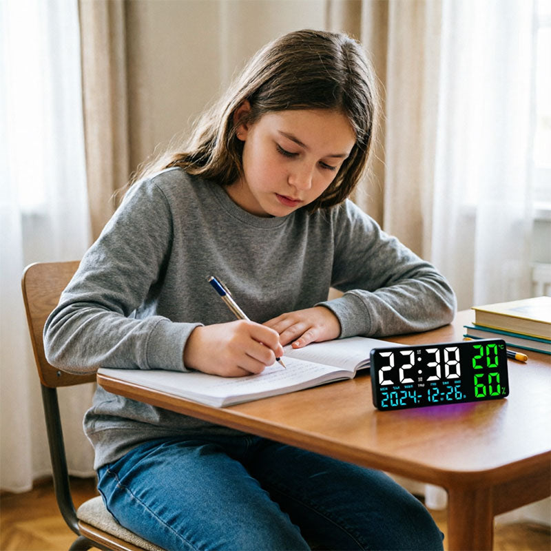 Digital Wall Clock with Temperature & Humidity Display, Multifunctional LED Alarm Clock with Remote Control, Ambient Light.