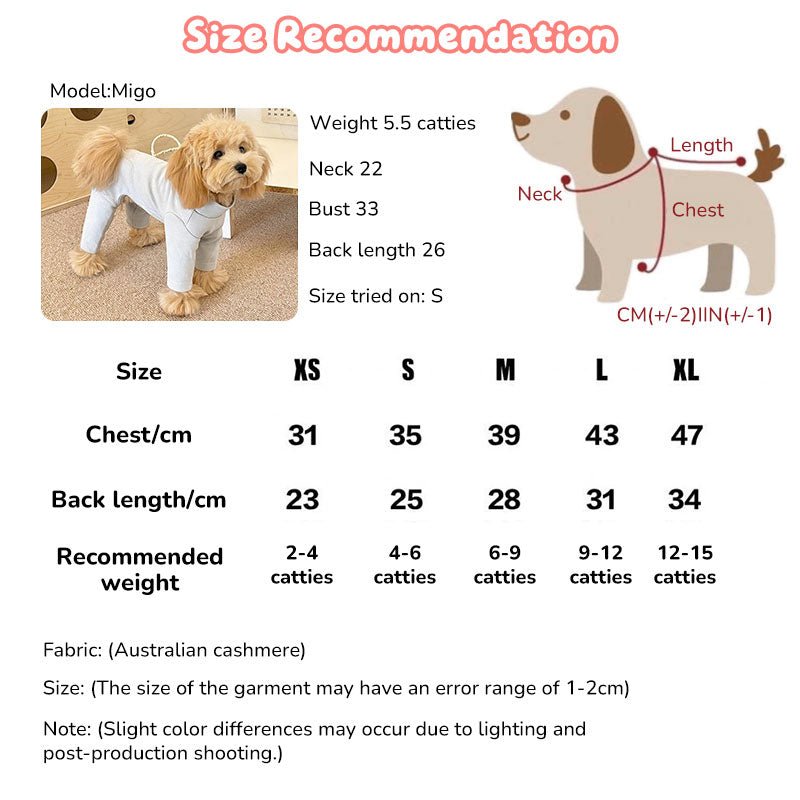 Elastic Pet Onesie, Four-Legged Pajamas for Small to Medium Dogs, Cream Color, Cozy Home Base Shirt, Warm Winter Dog Clothes