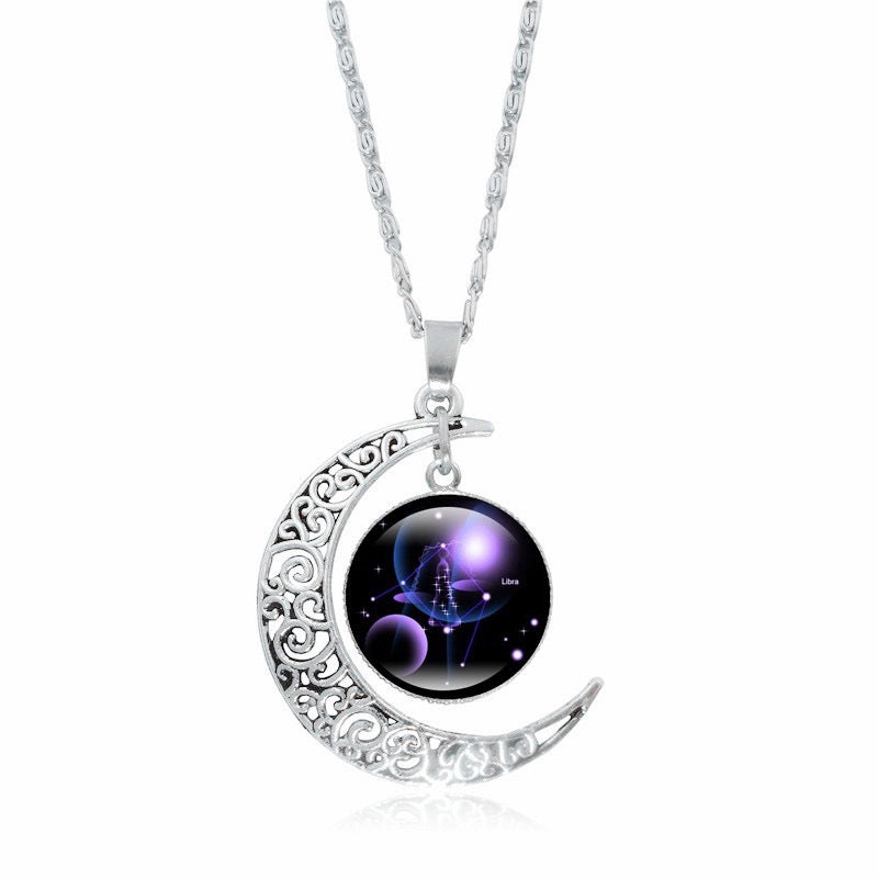 Zodiac Time Gem Luminous Necklace for Women, Simple Silver Moon Pendant Choker