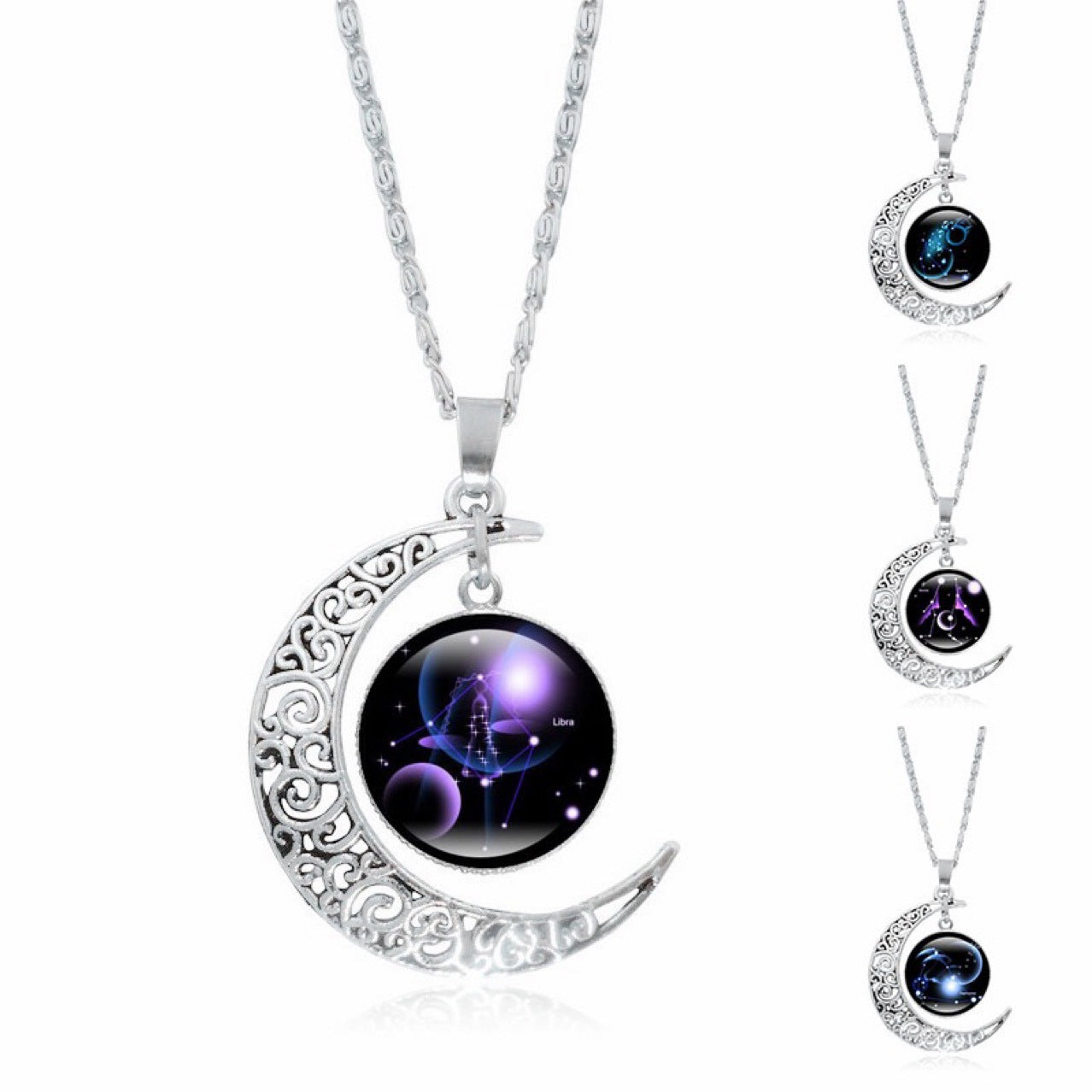 Zodiac Time Gem Luminous Necklace for Women, Simple Silver Moon Pendant Choker