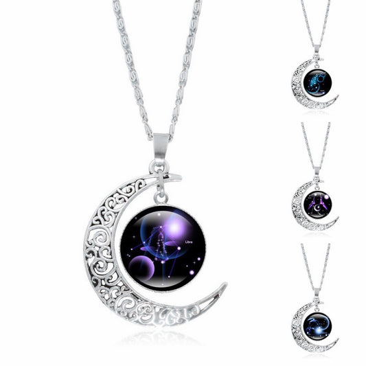 Copy of Zodiac Time Gem Luminous Necklace for Women, Simple Silver Moon Pendant Choker