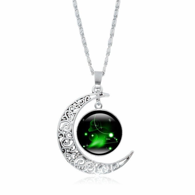 Copy of Zodiac Time Gem Luminous Necklace for Women, Simple Silver Moon Pendant Choker