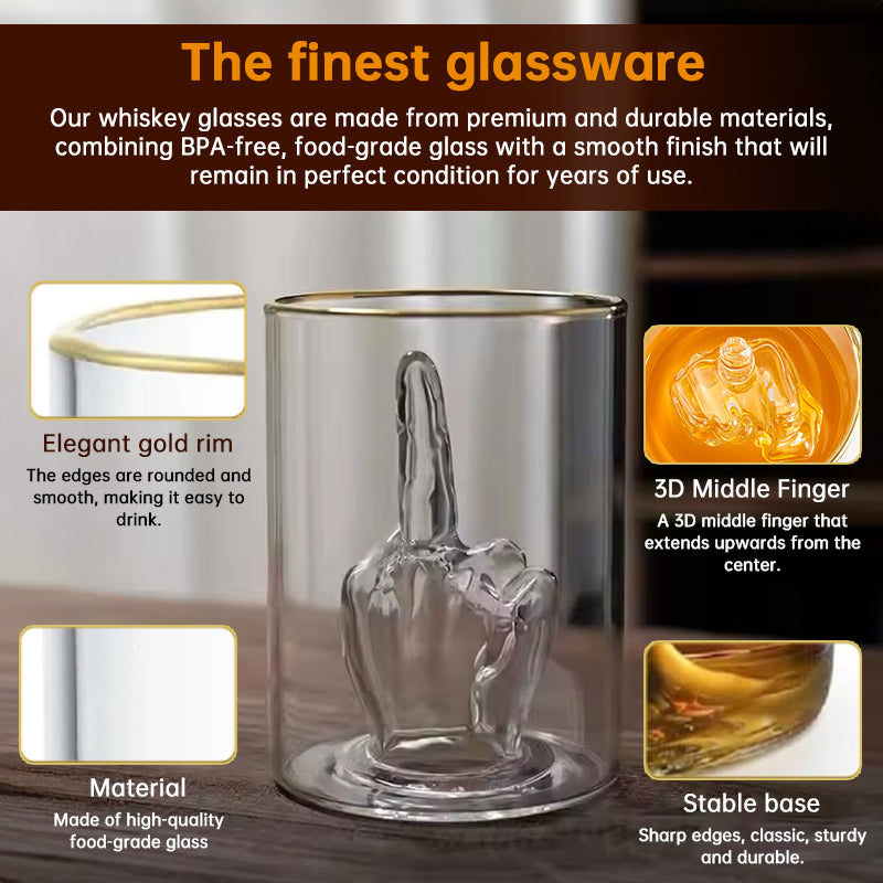 Middle Finger Whiskey Glass with 3D Finger Inside - Funny Novelty Glass for Bourbon Scotch Cocktails, Unique Gift for Men
