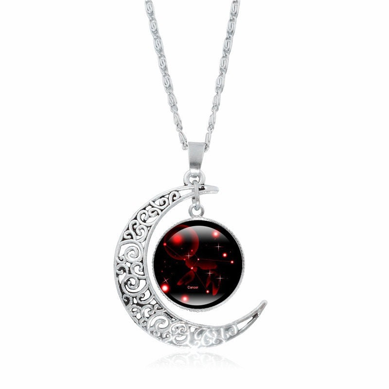 Zodiac Time Gem Luminous Necklace for Women, Simple Silver Moon Pendant Choker