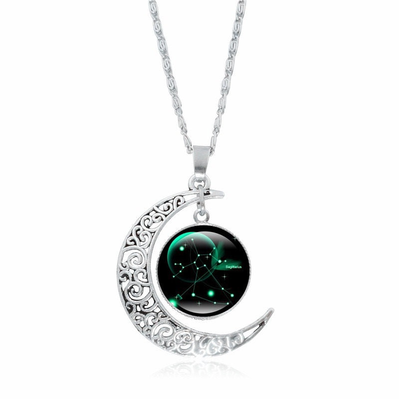 Copy of Zodiac Time Gem Luminous Necklace for Women, Simple Silver Moon Pendant Choker