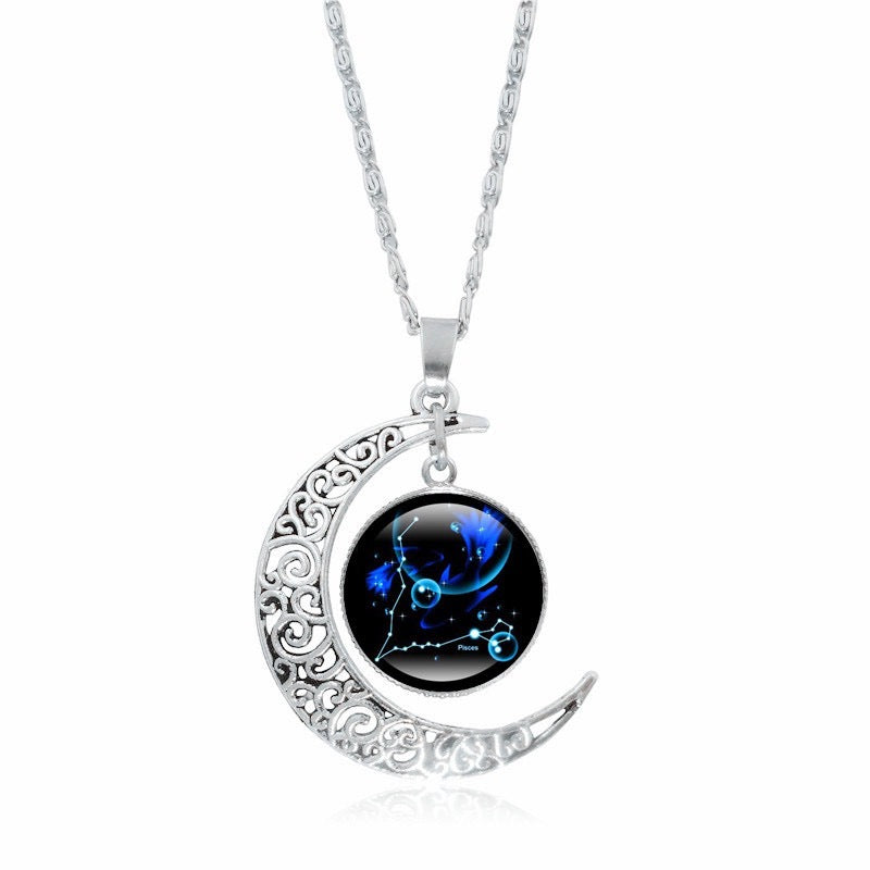 Copy of Zodiac Time Gem Luminous Necklace for Women, Simple Silver Moon Pendant Choker