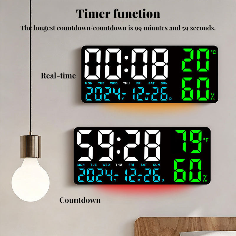 Digital Wall Clock with Temperature & Humidity Display, Multifunctional LED Alarm Clock with Remote Control, Ambient Light.