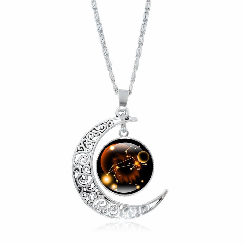 Copy of Zodiac Time Gem Luminous Necklace for Women, Simple Silver Moon Pendant Choker