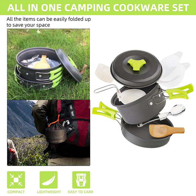 Backpacking Camping Cookware Set, Portable Outdoor Cooking Kit with Tableware, Durable & Lightweight, Foldable Storage Bag