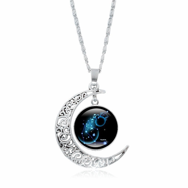 Copy of Zodiac Time Gem Luminous Necklace for Women, Simple Silver Moon Pendant Choker